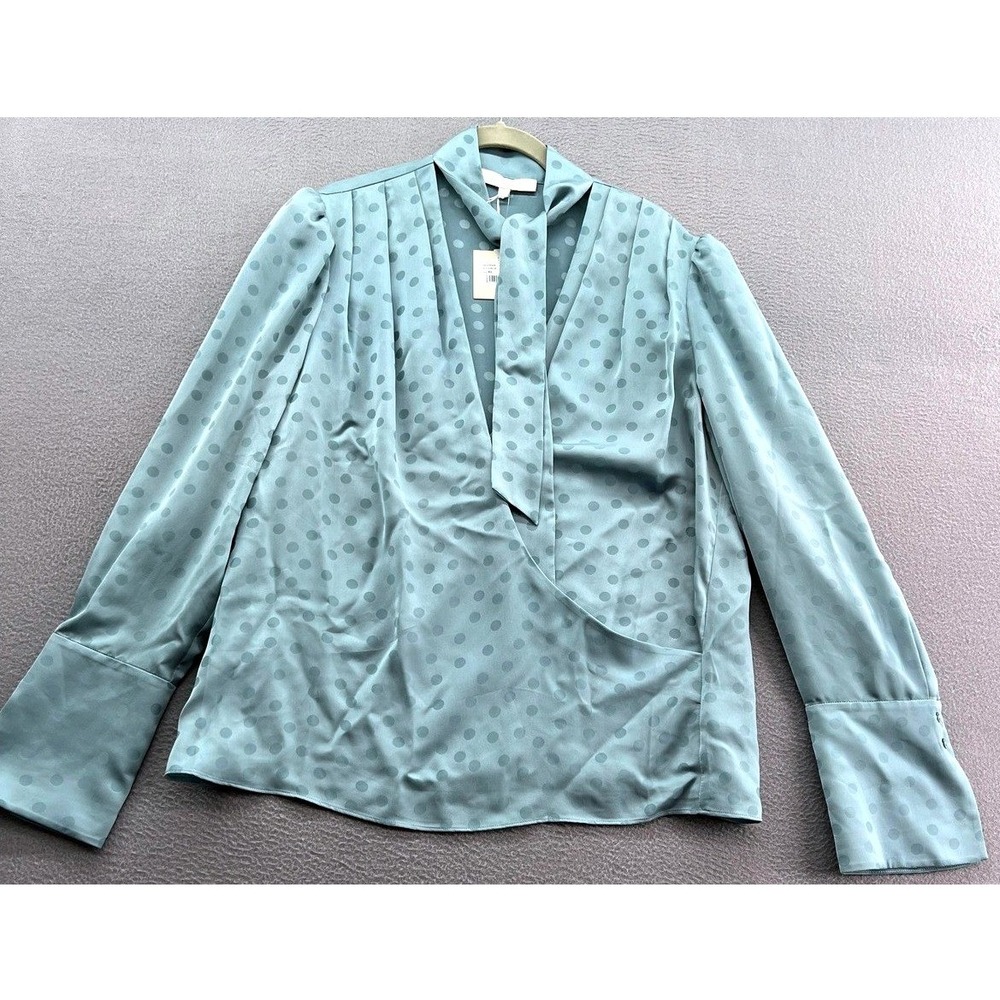 Favorite Daughter Anthropologie Blouse XL Slate Blue Polka Dot Tie Neck NEW